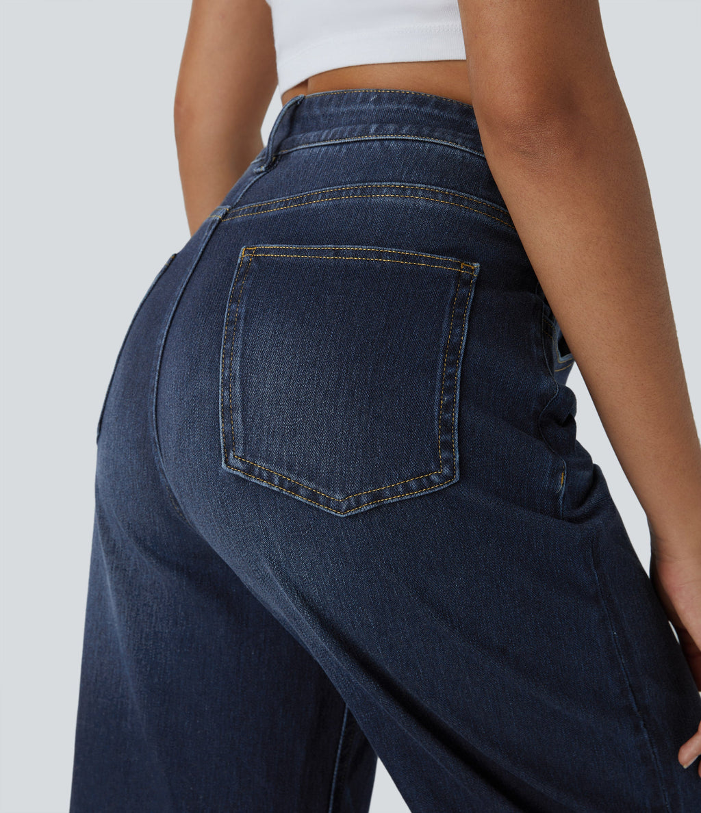 FlexTM High Waisted Multiple Pockets Rolled Hem Wide Leg Washed Stretchy Knit Casual Jeans