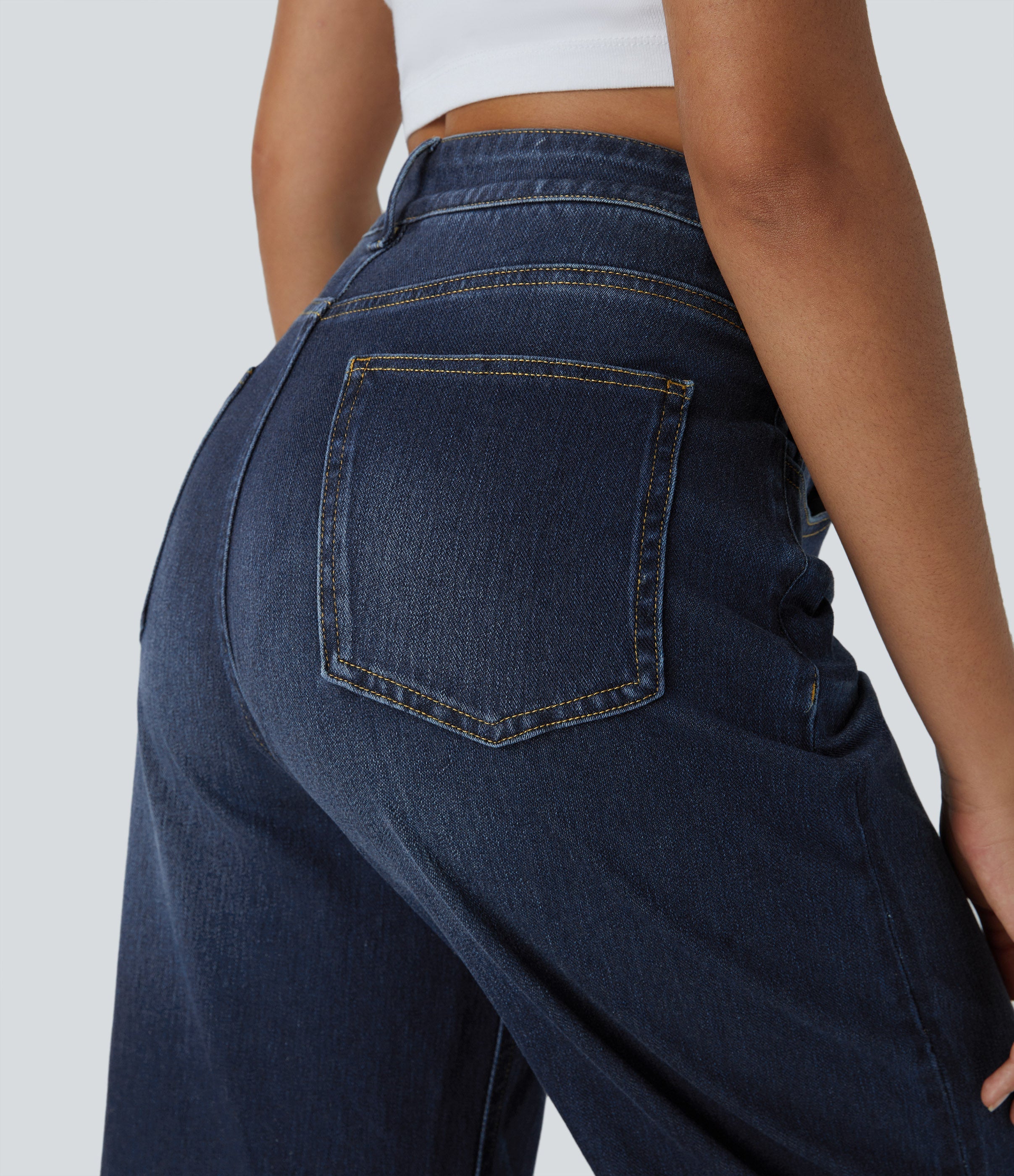 FlexTM High Waisted Multiple Pockets Rolled Hem Wide Leg Washed Stretchy Knit Casual Jeans