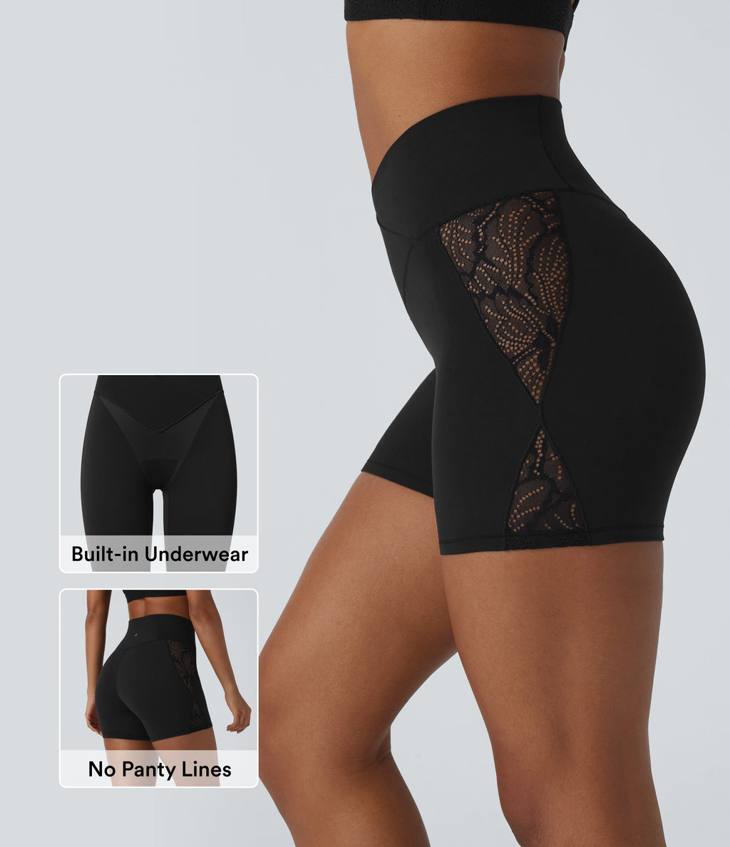 SoftlyZeroTM High Waisted Crossover Contrast Lace Built-in Underwear Yoga Biker Shorts 5'' with Pocket-UPF50+