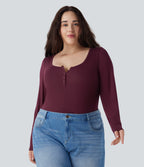 Plus Size Ribbed Henley Neck Long Sleeve Casual Top