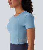 Round Neck Short Sleeve Contrast Mesh Cropped Yoga Sports Top