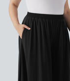 Plus Size High Waisted Mesh Overlay Wide Leg Casual Pants with Pockets