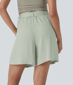 High Waisted Belted Casual Linen-Feel Bermuda Shorts with Pockets