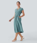 BreezefulTM V Neck Short Sleeve Pocket Tie Back Quick Dry Midi Casual Dress