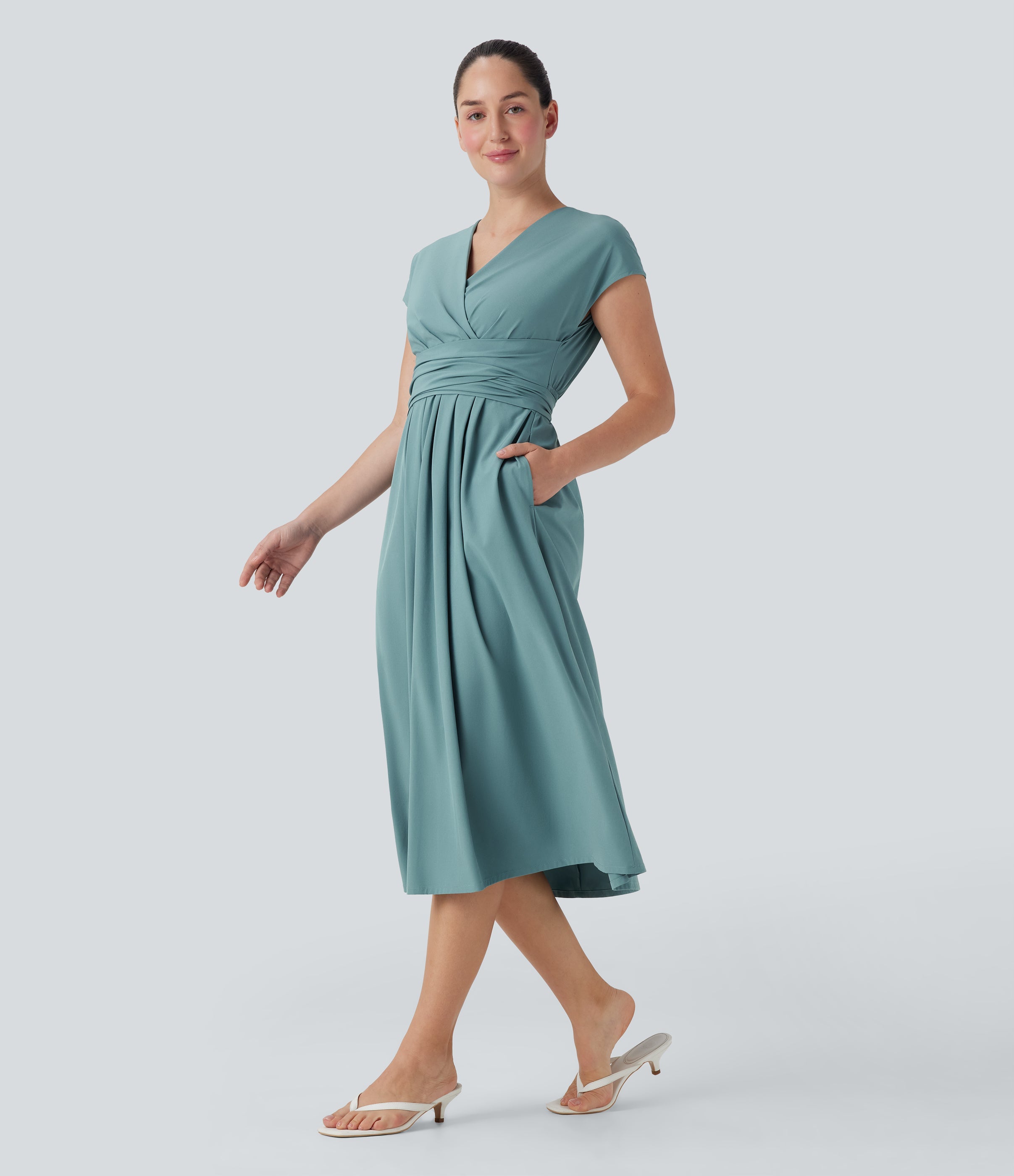 BreezefulTM V Neck Short Sleeve Pocket Tie Back Quick Dry Midi Casual Dress