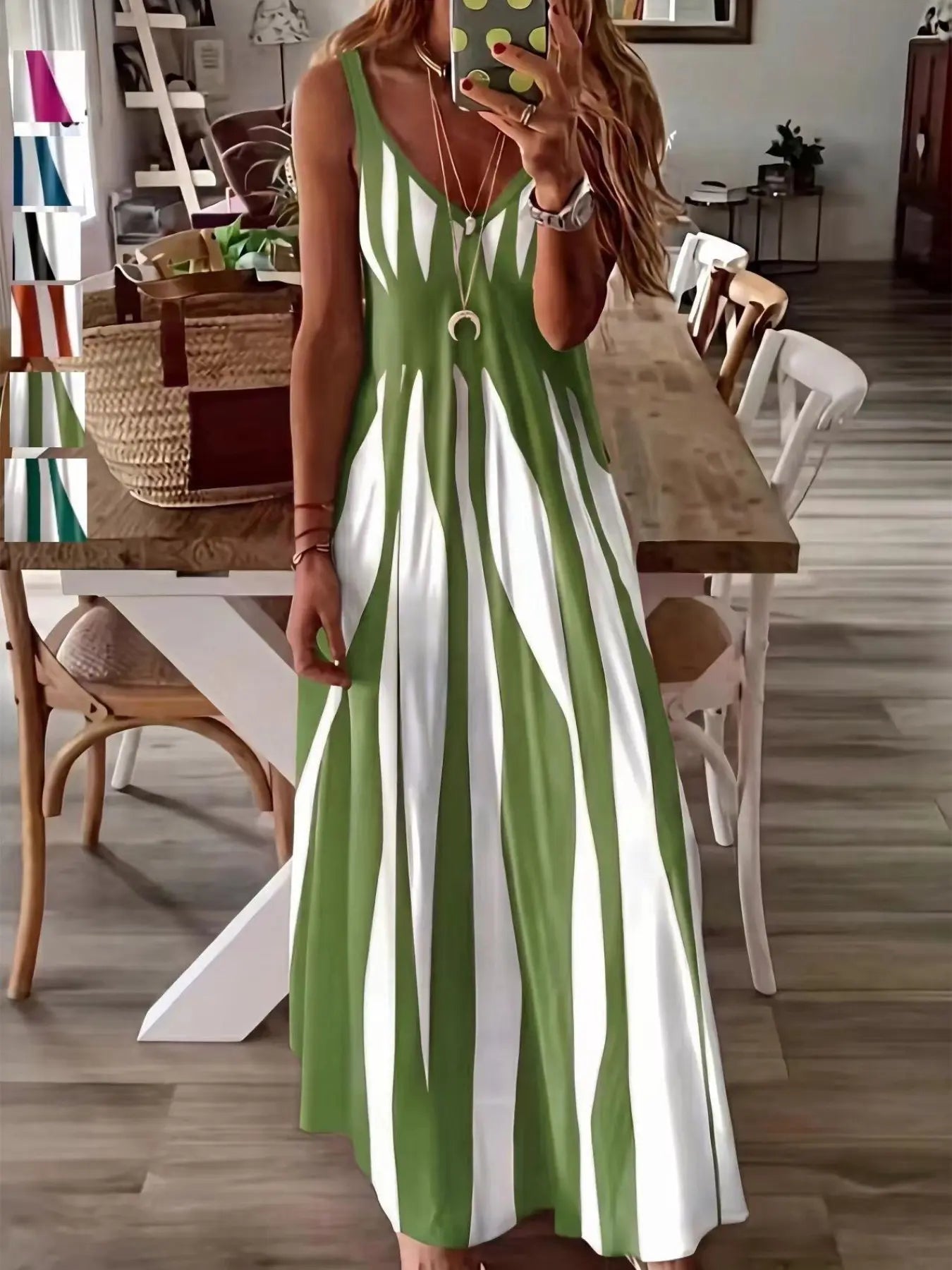Summer New Arrival Women's Casual Sleeveless Striped V-Neck Long Dress, Sweet Style Loose-Fitting Daily Wear, Perfect for Outdoor Activities