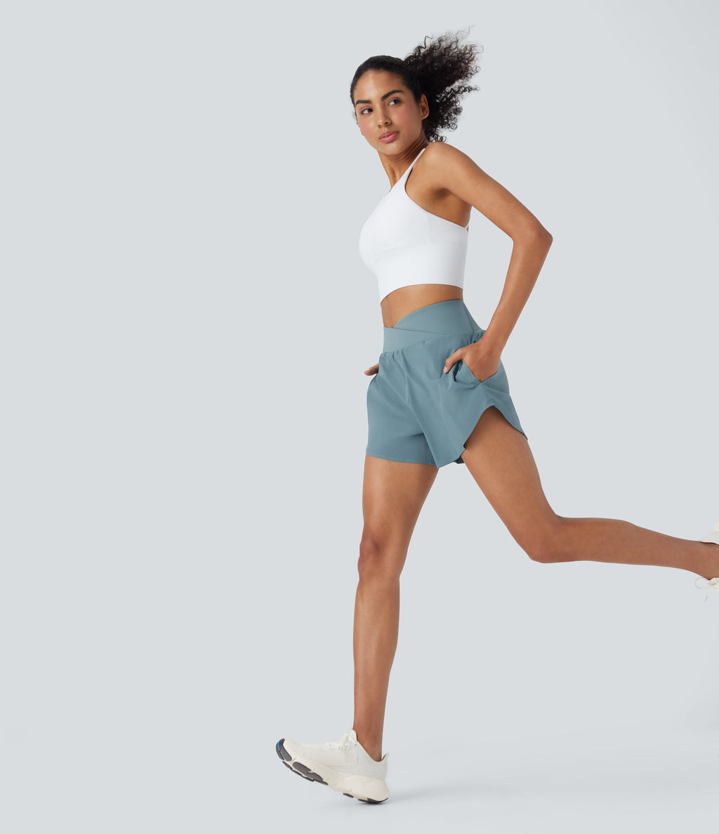 BreezefulTM High Waisted Crossover 2-in-1 Quick Dry Yoga Shorts with Pockets