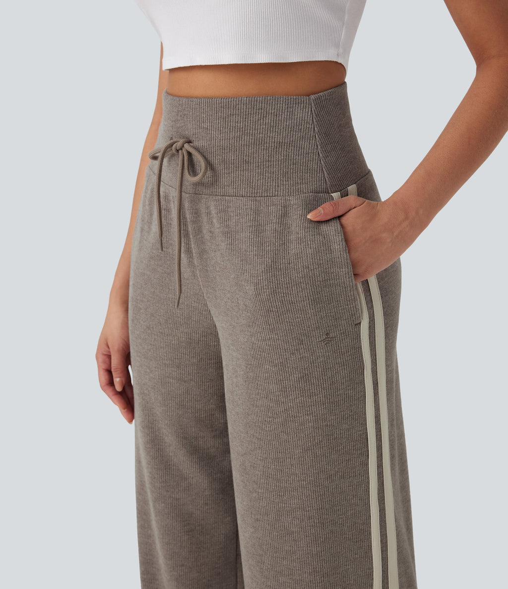 Ribbed SoCinched High Waisted Tummy Control Drawstring Wide Leg Color Block Casual Pants with Pockets