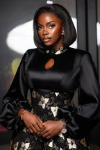 Satin Lantern Sleeve Cutout Floral Print A-Line Midi Dresses-Black [Pre Order]