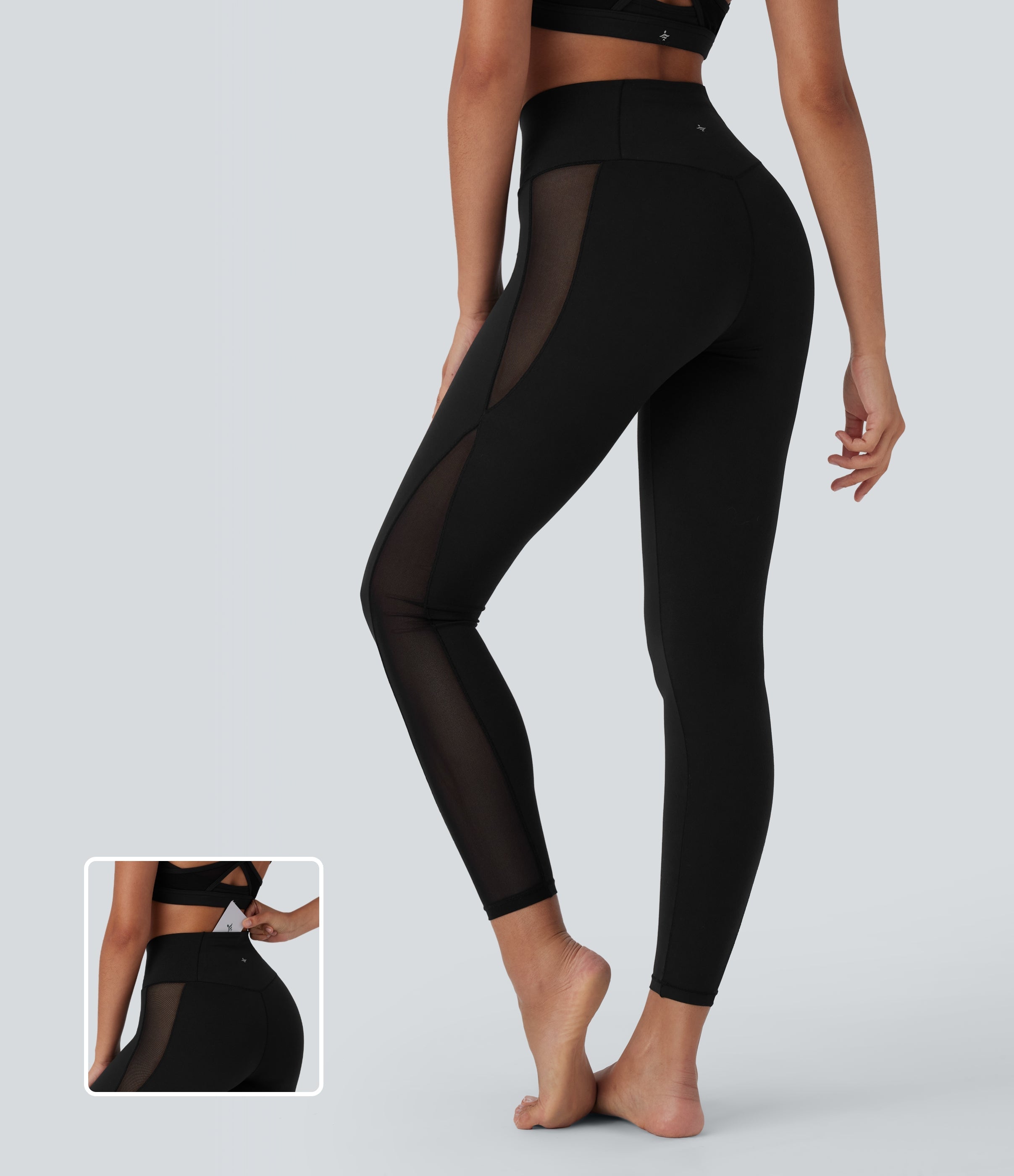 SoftlyZeroTM Crossover High Waisted Contrast Mesh Yoga Leggings with Pocket-UPF50+