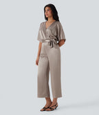 Crossover V Neck Belted Wide Leg Satin-like Work Jumpsuit with Pockets
