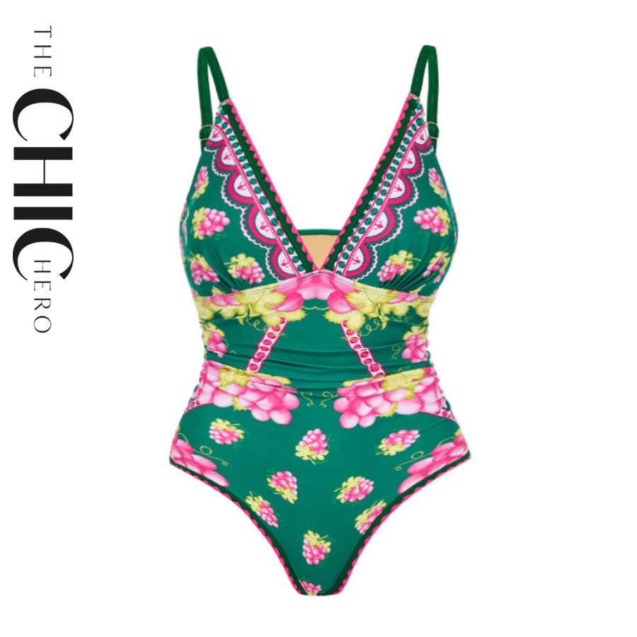 Green Grape Blossom Tropical Vineyard V-Neck Swimsuit & Skirt