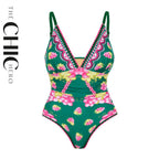 Green Grape Blossom Tropical Vineyard V-Neck Swimsuit & Skirt