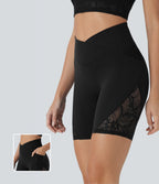 SoftlyzeroTM High Waisted Crossover Contrast Lace Yoga Biker Shorts 7'' with Pockets-UPF50+