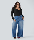 Plus Size Ribbed Henley Neck Long Sleeve Casual Top