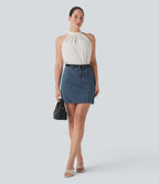 FlexTM Mid Rise A Line Stretchy Knit Denim Mini Casual Skirt with Pockets