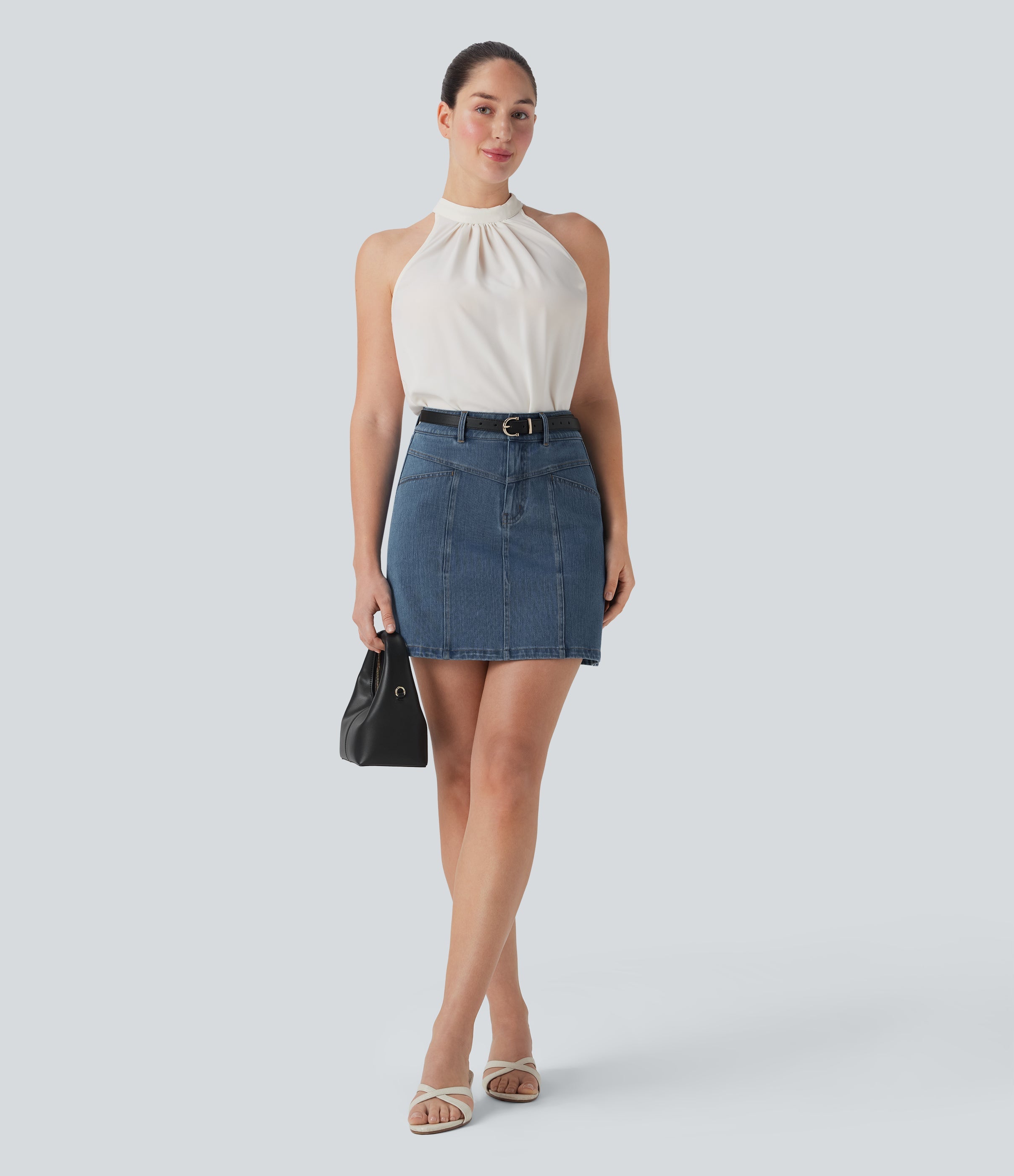 FlexTM Mid Rise A Line Stretchy Knit Denim Mini Casual Skirt with Pockets