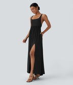Ribbed Tie Back Ruched Maxi Slip Dress with Pockets
