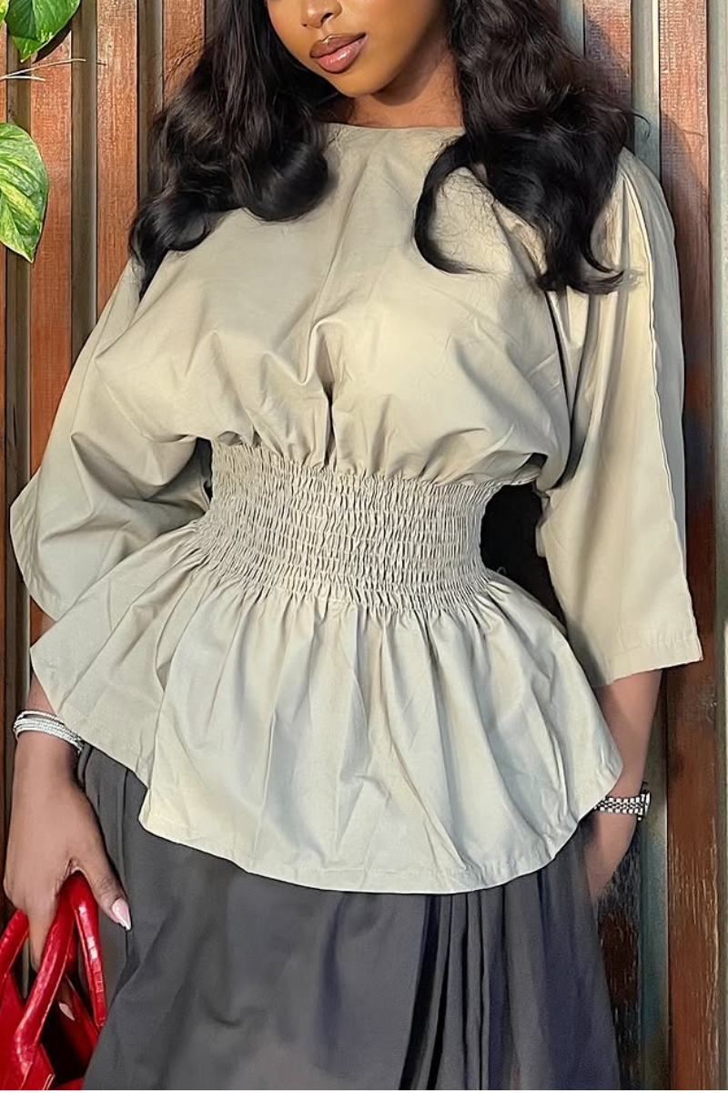 Women Round Neck Waist Cinched Top+ Half Skirt Elegant Casual Suit
