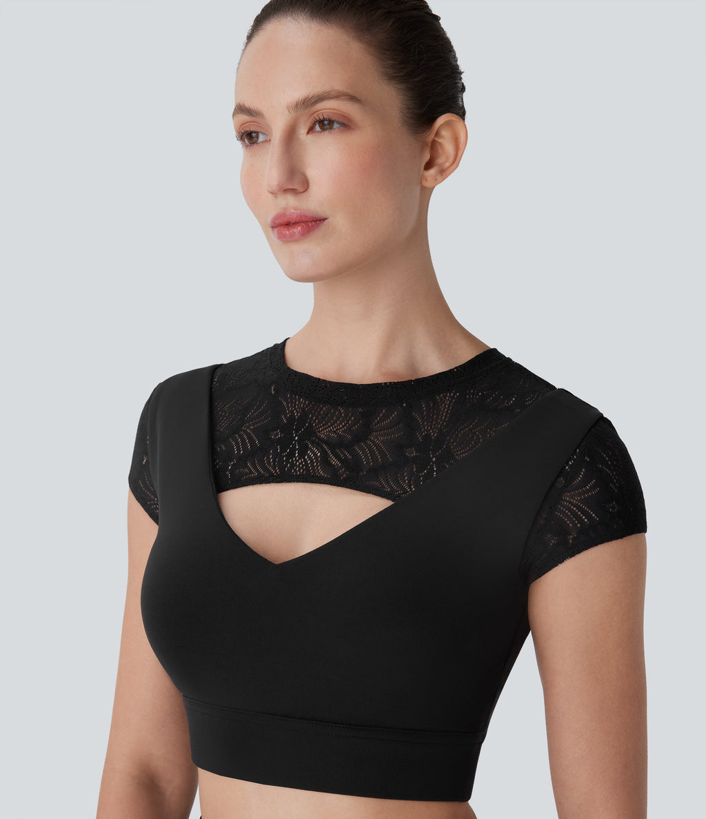 SoftlyZeroTM Contrast Lace Short Sleeve Cropped Yoga Sports Top-UPF50+