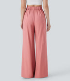 Mid Rise Wide Leg Casual Linen-Feel Pants with Pockets