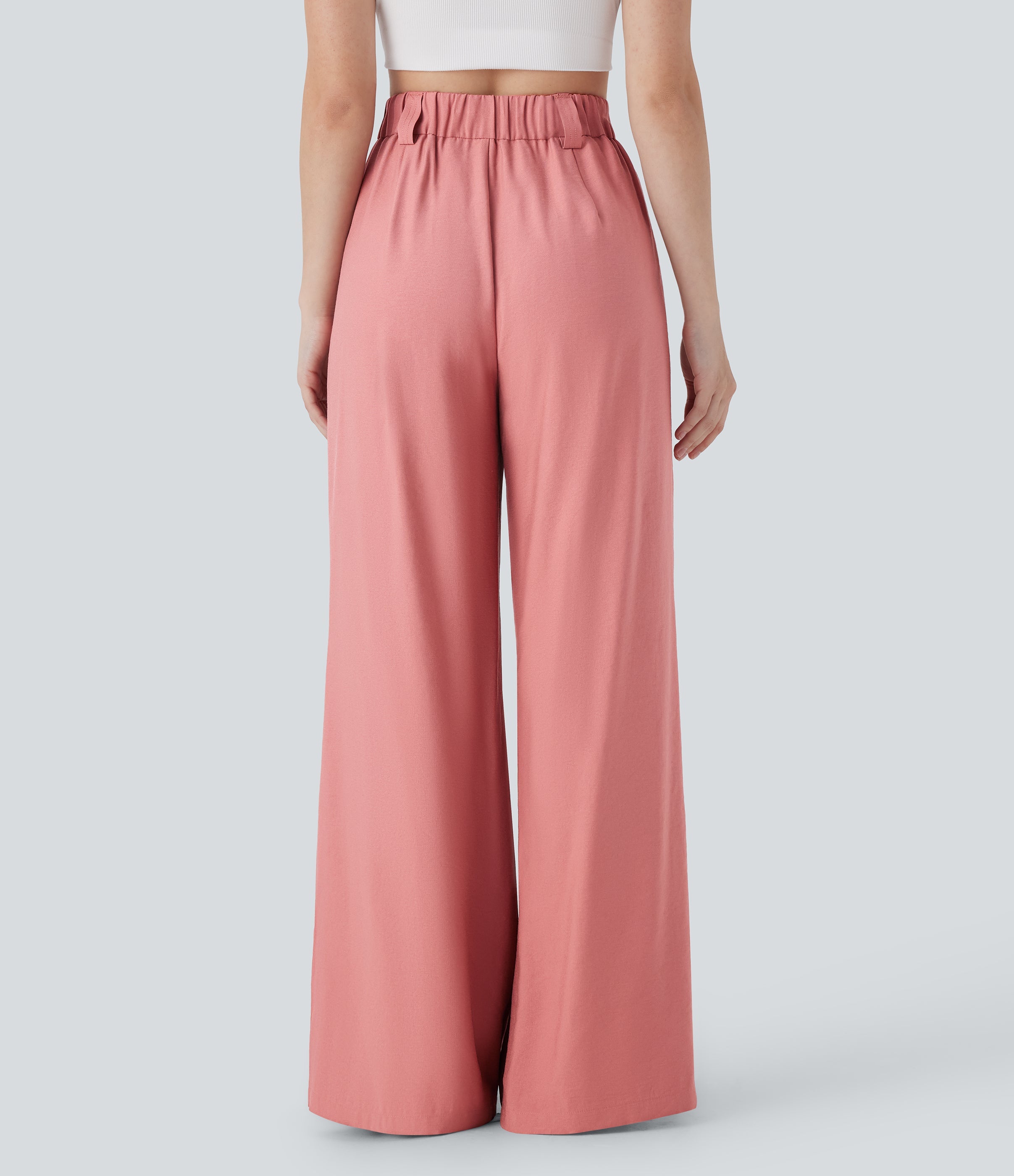 Mid Rise Wide Leg Casual Linen-Feel Pants with Pockets