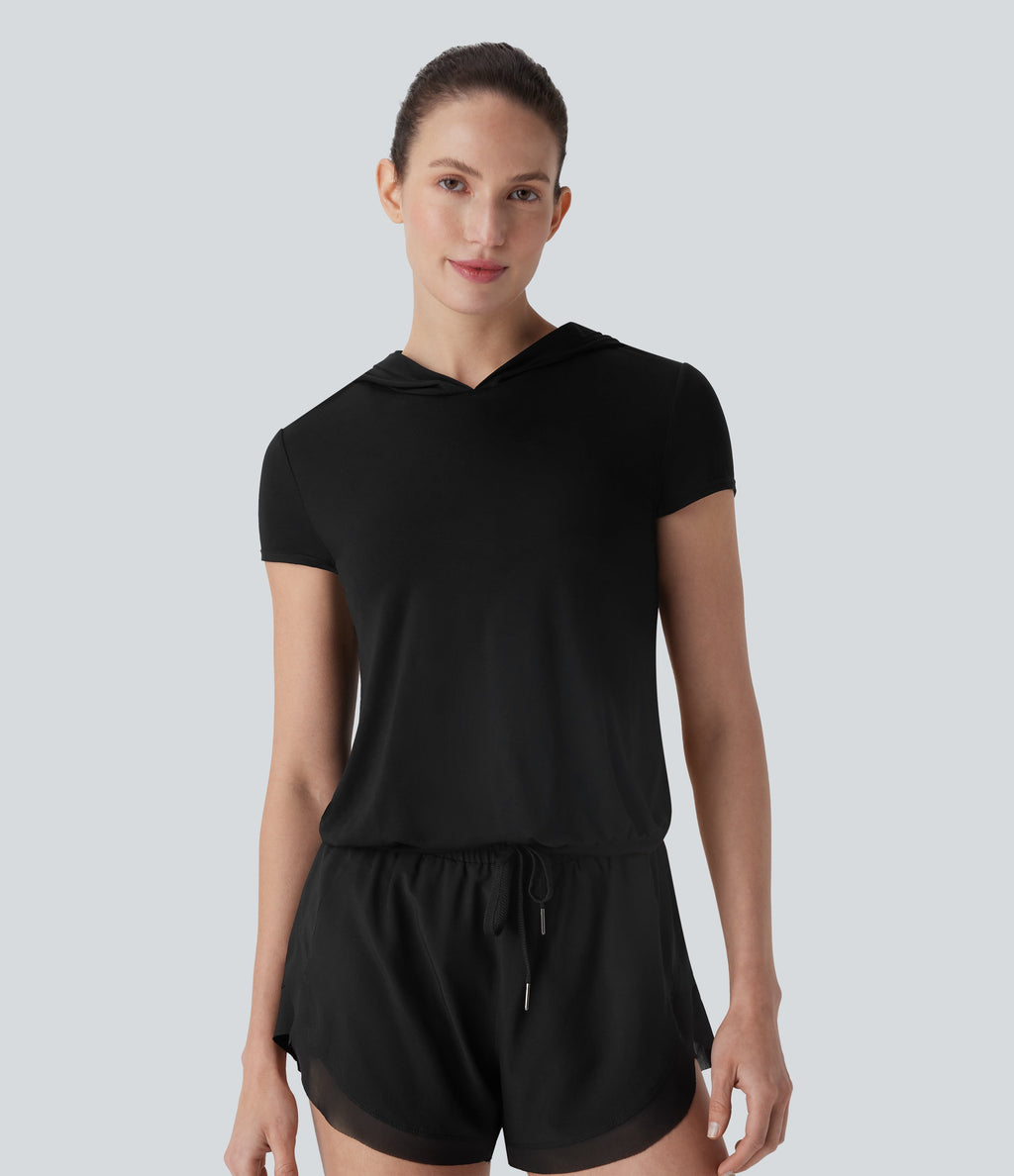 Hooded Short Sleeve Cut Out Yoga Sports Top