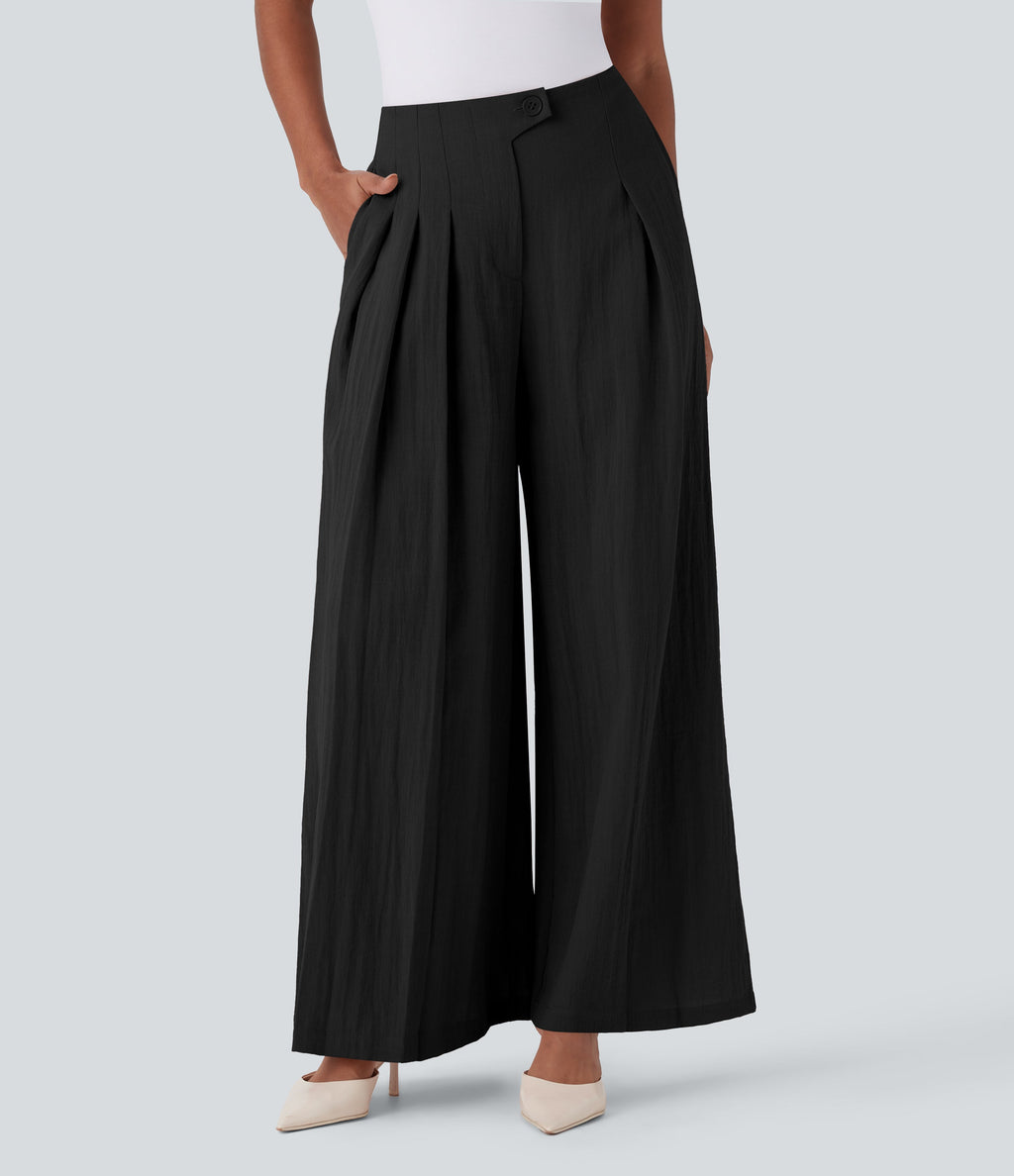 High Waisted Linen-Feel Work Wide Leg Pants with Pockets