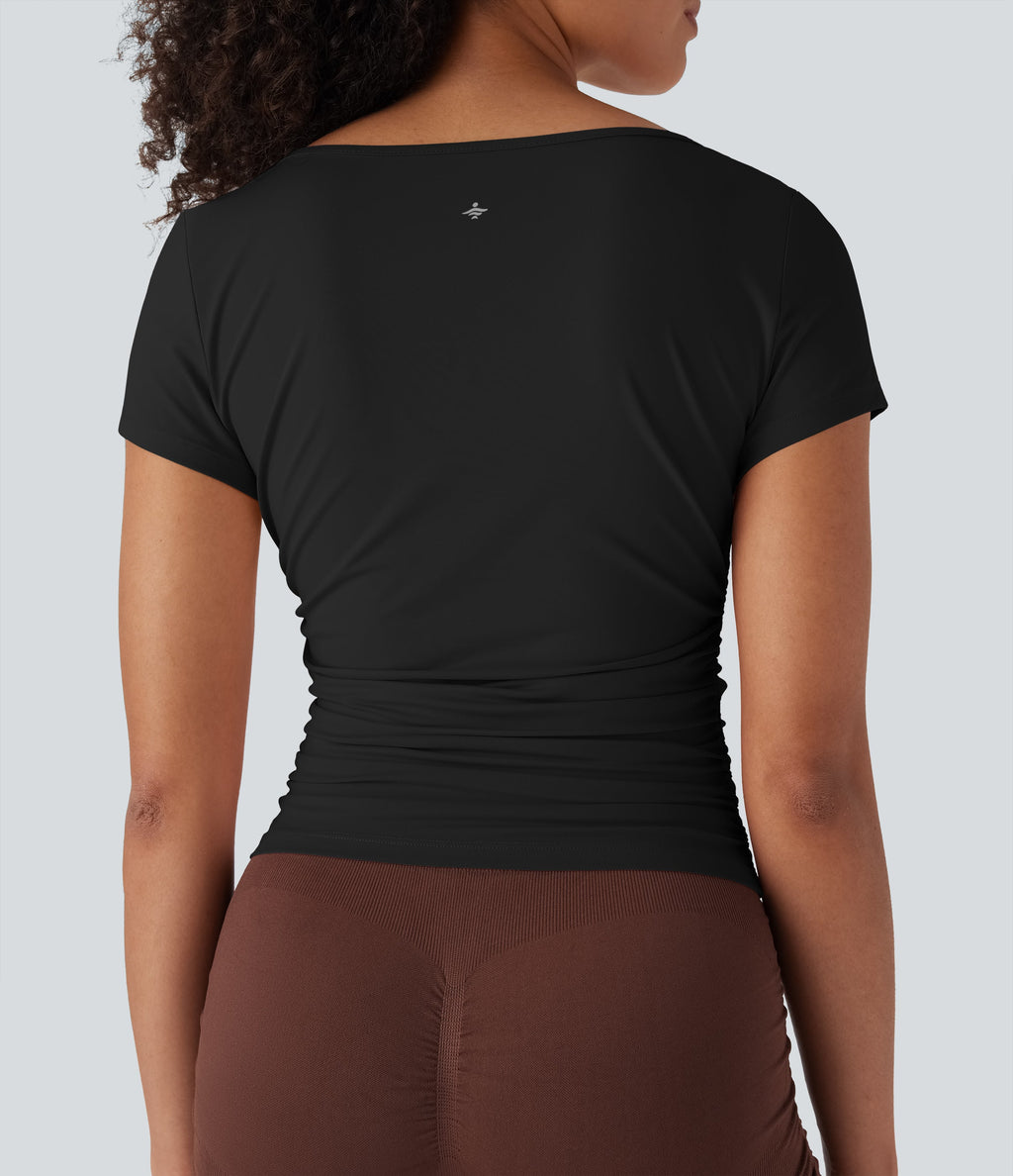 Cowl Neck Short Sleeve Ruched Yoga Top