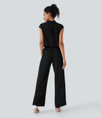 Mock Neck Keyhole Back Cap Sleeve Wide Leg Work Jumpsuit with Pockets