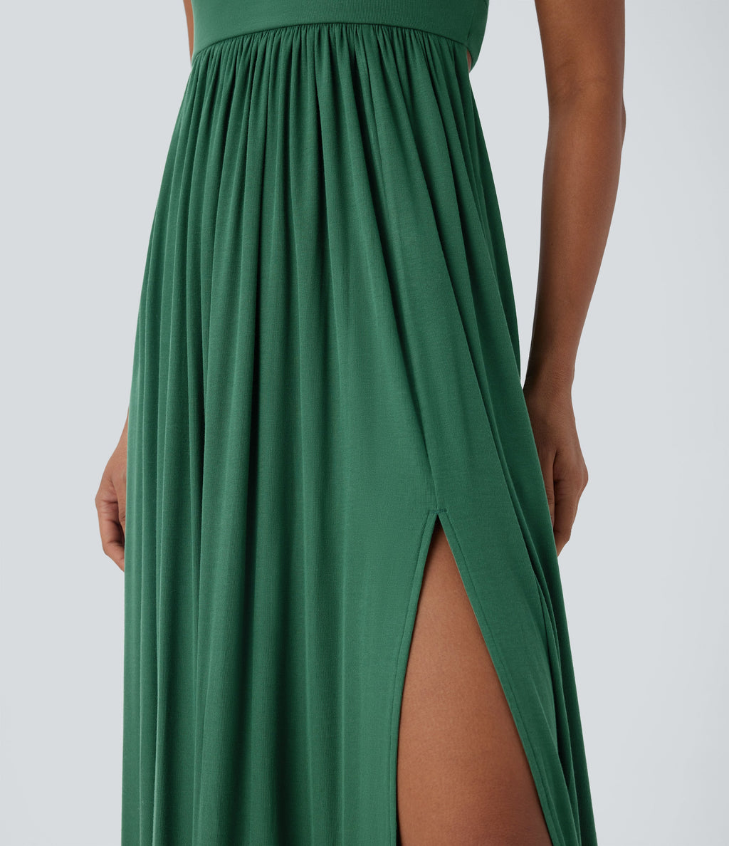 Ribbed Tie Back Ruched Maxi Slip Dress with Pockets