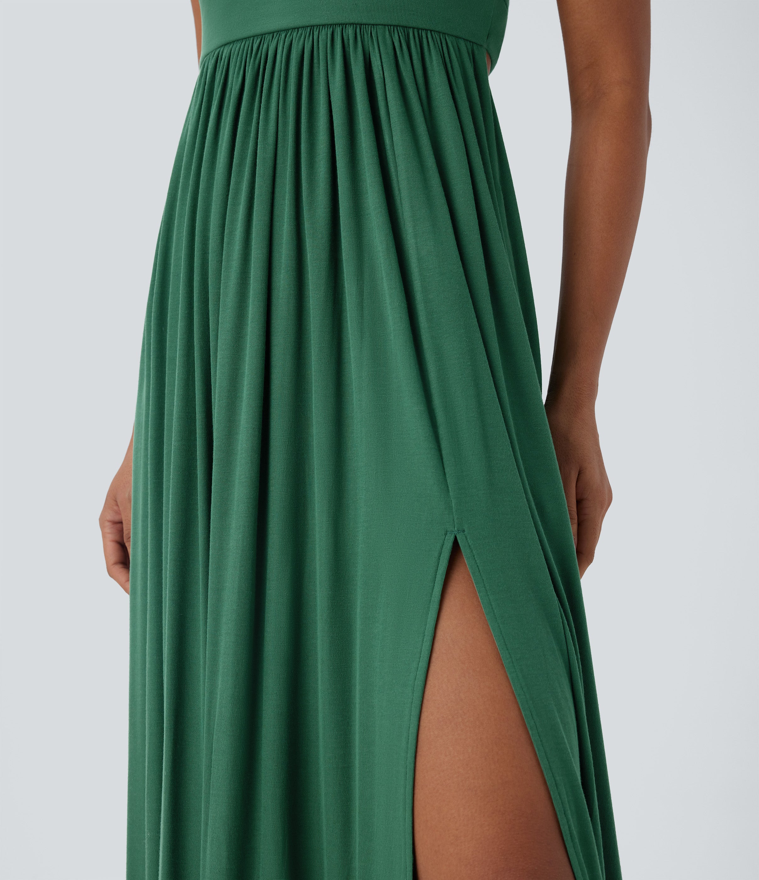Ribbed Tie Back Ruched Maxi Slip Dress with Pockets