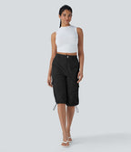 Mid-Rise Ruched Cargo Quick-Dry Casual Pedal Pusher Pants with Pockets