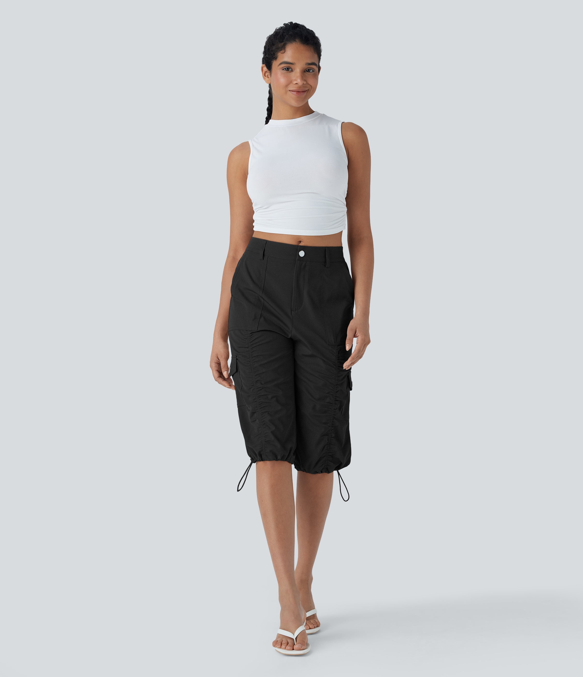 Mid-Rise Ruched Cargo Quick-Dry Casual Pedal Pusher Pants with Pockets