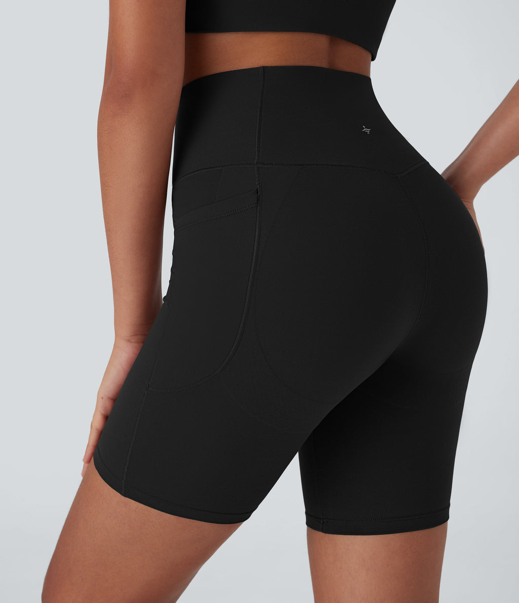 UltraSculptTM High Waisted Crossover Tummy Control Butt Lifting Yoga Biker Shorts 7'' with Pockets