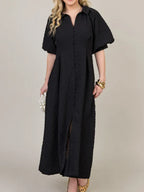 NEW🔥 Lapel Button Bubble Sleeve Cotton Linen Dress- Tax Free