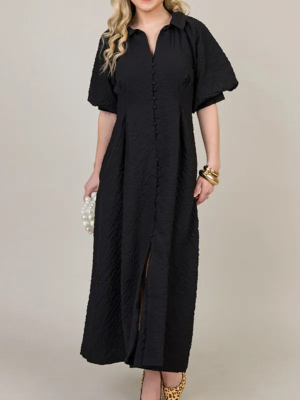 NEW🔥 Lapel Button Bubble Sleeve Cotton Linen Dress- Tax Free