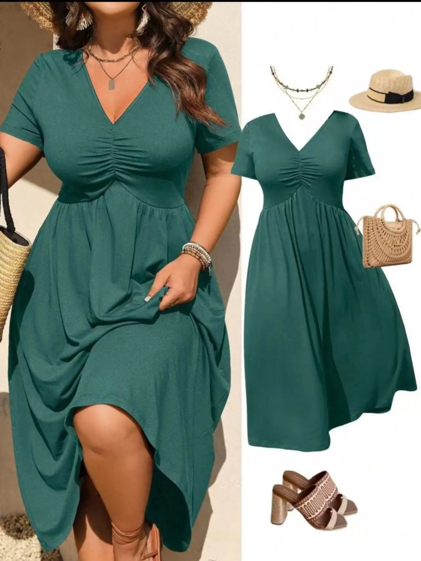 Plus Size V-Neck Ruched Bra Top Short Sleeve Midi Dress, Casual Summer Flowy A-Line Skirt, Women's Fashion Clothing
