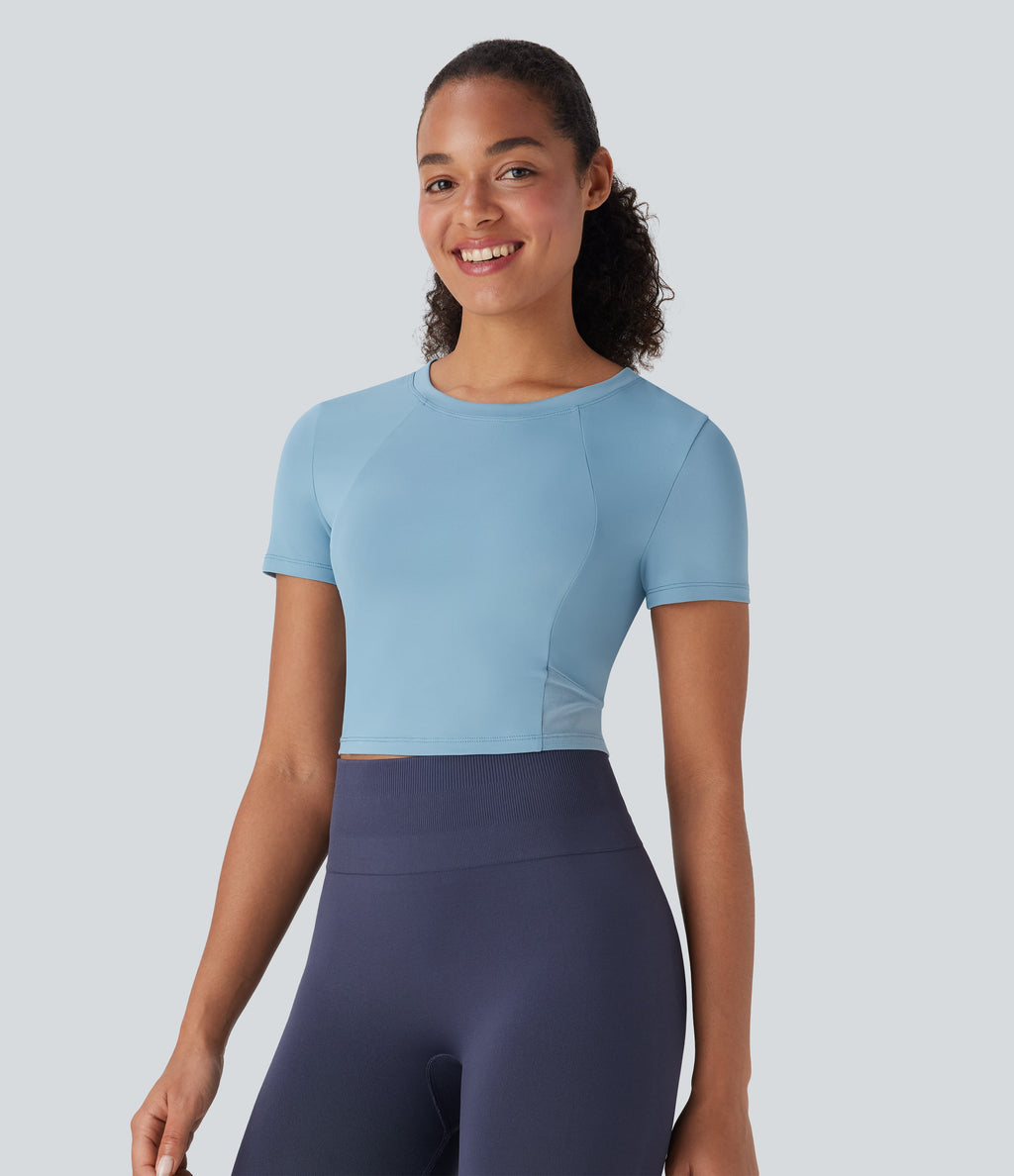 Round Neck Short Sleeve Contrast Mesh Cropped Yoga Sports Top
