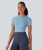 Round Neck Short Sleeve Contrast Mesh Cropped Yoga Sports Top
