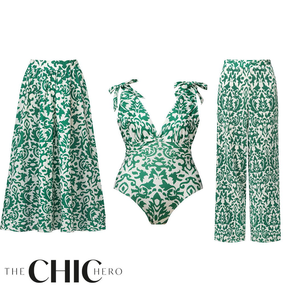 Green Boho Breeze Floral Tie-shoulder One Piece Swimsuit&Skirt&Pants