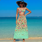 Mint Green & Pink Florals One-Piece Bikini&Skirt