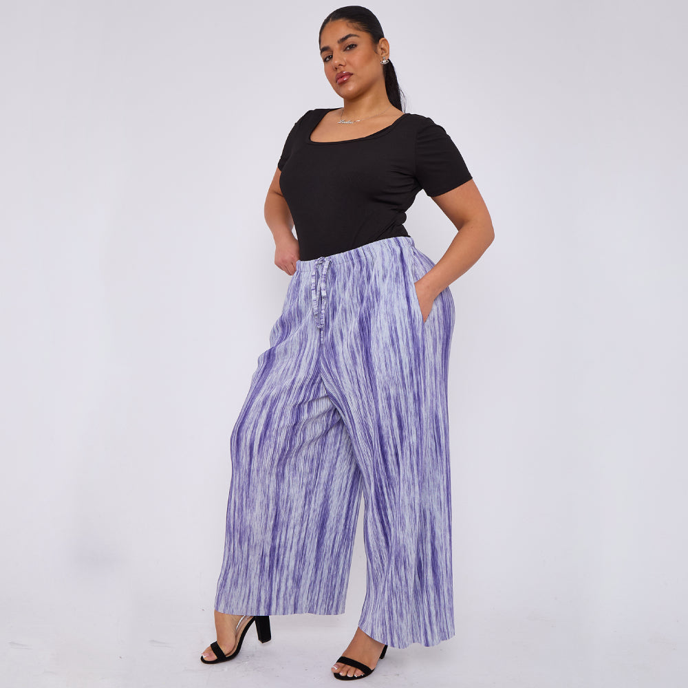 Purple Abstract Geometric Printed Stretchy Pleated Trousers for Women With Pockets