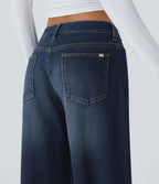 FlexTM Asymmetric Low Rise Zipper Pockets Baggy Wide Leg Washed Casual Jeans