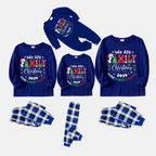 "We are Family 2025 Christmas Make Memories Together" Slogan Print Blue Long Sleeve with Versatile Blue and White Plaid Pants Family Matching Pajamas