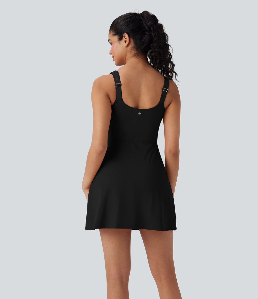 SoftlyZeroTM Plush Push-Up Molded Cups Zipper 2-in-1 Yoga Active Dress with Pockets-Easy Peezy-D/DD/DDD/F