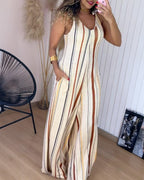 Striped V Neck Sleeveless Zipper Back Overalls Casual Shoulder Tied Wide Leg Jumpsuit With Pockets