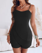 Adjustable Spaghetti Straps Asymmetrical Front Short Jumpsuit Casual Zipper Back Slim Fit Romper