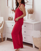Women's 2 Piece Pajama Set Frill Trim Camisole Top and Wide Leg Pants Lounge Set Soft Sleepwear Outfits with Pockets