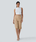 Mid-Rise Ruched Cargo Quick-Dry Casual Pedal Pusher Pants with Pockets